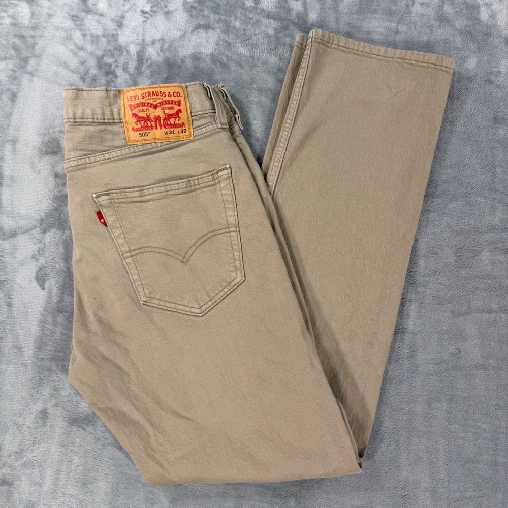 Levi's 505 Regular Fit Jeans Mens Size 31x32 Tan Khaki Straight Leg Stretch